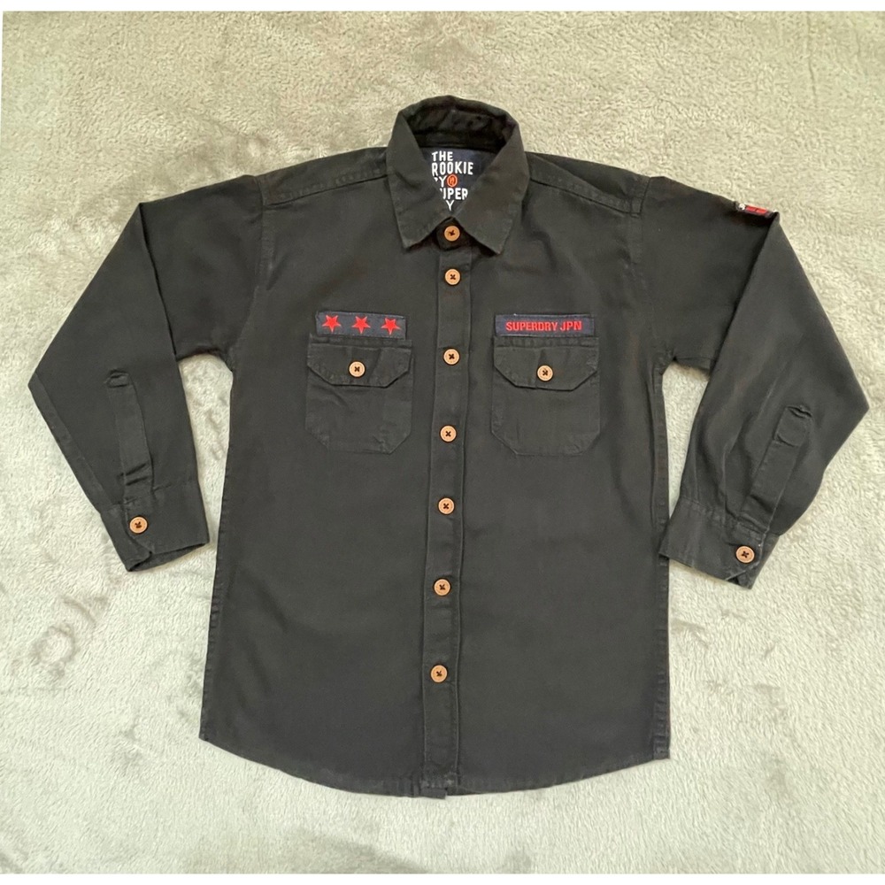 Superdry Boys Shirt Black Military Utility Button Down Patches 30 US Medium